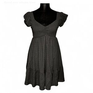 THIRTY THIRTY  Black Ruffle Short Sleeve Mini Dress With Tye Waist V Neck M NWO